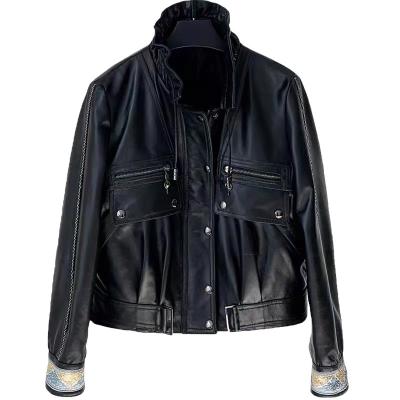 China Windproof Leather Jacket Women's Collar Drawstring Leather Jacket Motorcycle Short Machining Jacket for sale