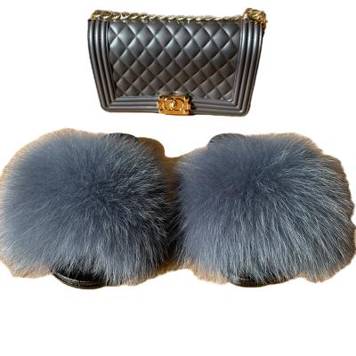 China Fashion Trend Women Fur Slippers Jelly Bag Purse Set Fluffy Fur Slides Handbag for sale