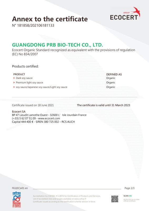 EU Organic Certificate - Guangdong Prb Bio-Tech Co., Ltd.