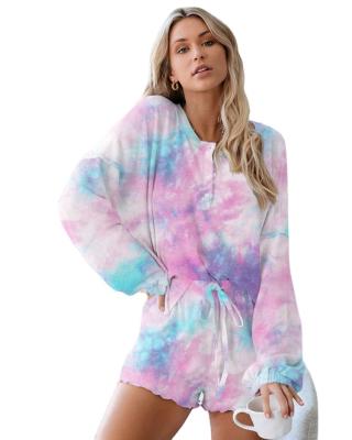 China New Design Anti-wrinkle Long Sleeve Sweater Smooth Silk Tie Dye Floral Breathable Cardigan Pajamas for sale