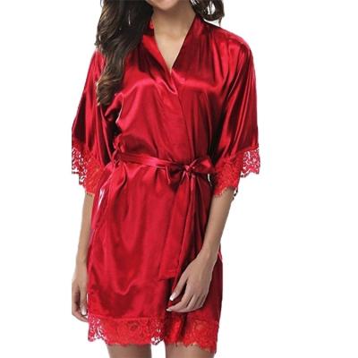 China Hot Selling Women's QUICK DRY Satin Solid Color Lace Silk Maxi Dress Belted Wear Silk Lingerie Nightwear Wrap Sleepwear Pajamas Sexy Dress for sale