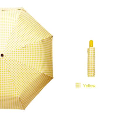 China Folding Plaid Umbrella Yellow Color Coating Fully Automatic Open And Close Three Folds Customizing Umbrella for sale