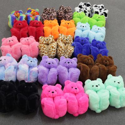 China Cute Furry Woman Flip Flop Shoes Furry Fashion Trend Teddy Bear Women Christmas Plush Slippers Cartoon Bear Bedroom Faux Fur Slides for sale