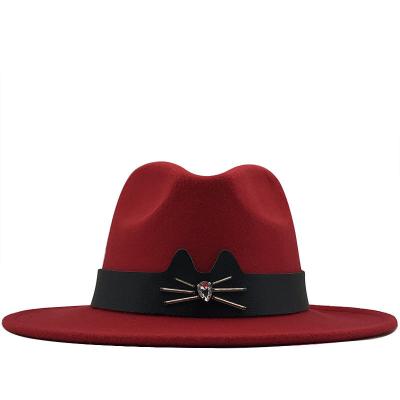 China Designer Wholesale 2022 Character New Fedora Hat Unisex Band Accessories Fedora Womens Wool Felt Hats with Cat Belt for sale