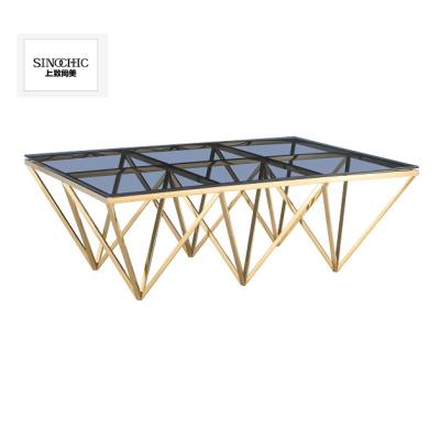 China dining room golden stainless steel legs square tempering glass coffee table for sale