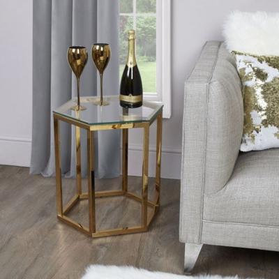 China living room furniture hexagon corner side table gold plated steel frame smoked glass Italian design side table zu verkaufen