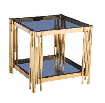 China stainless steel gold plated narrow end table nightstand side table square glass coffee table set zu verkaufen