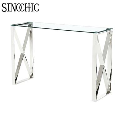 China coffee table chrome stainless steel coffee table tempered glass top Harmony gold console table set with mirror glass top hallway for sale