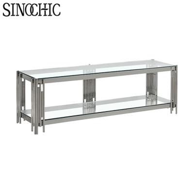 China best living room TV stand furniture polished stainless steel clear glass silver television cabinets for sale