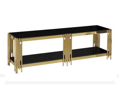 China glass top long tv cabinet furniture stainless steel low black tv stand living room black tv shelf for sale