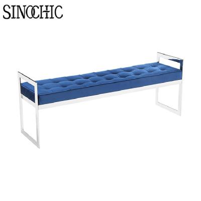 China luxury furniture gold stainless steel frame velvet ottoman bench upholstered silver metal long bench stool for sale