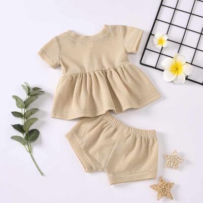 China European and American girls casual clothing round neck splicing top + solid color short-sleeved shorts with cotton rope suit for sale