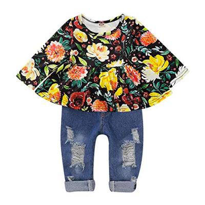 China R6 Girls Sweet Clothes Outfits Cute Flower Floral Ruffle Long Sleeve Panty Set Baby Kids Top Clothing Set for sale