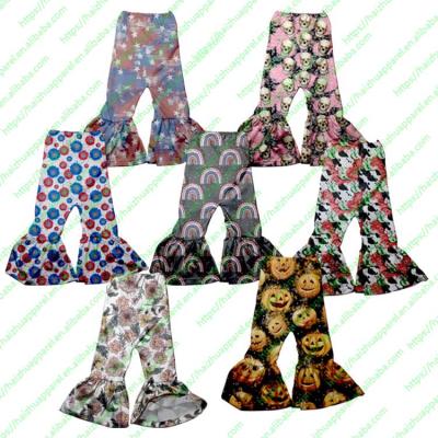 China Color Fade Proof Fe-1 Toddler Baby Rocket Pants Pants Gaiters Ruffle Flare Pants Scare Print Girl Bell Panties for sale