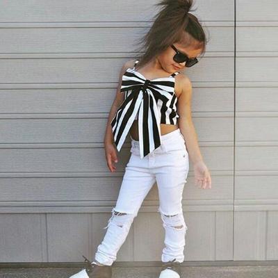 China Big sweet hot sale girl bow stripe printing outfit fashion off the shoulder pants boutique kids clothing top legging set for sale