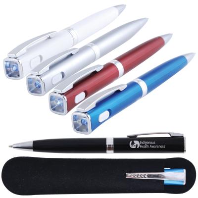 China Pen Silver Black Red Blue Promotional White Led Light Torch Ballpoint Pen for sale