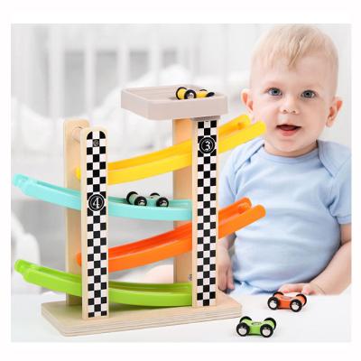 China Eco-friendly Wooden Material Track Car Toys Sliding Car Race 4 Layers Slider Ladder Slot Track Playset For Kids Turn Back Racing Games Gift ramp automobiles for sale