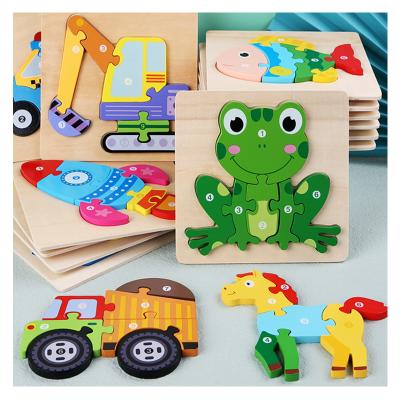 China 100% Eco-friendly Amazon Hot Sale 3D Puzzle DIY Kids Game Color Shapes Learning Wooden Animal Puzzle 1 2 3 Year Old Children Play for sale