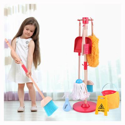 China Eco-friendly Material Children Kids Cleaning Toy Set Wooden Kids Pretend Play 10pcs For Toddler Role Play Toy for sale