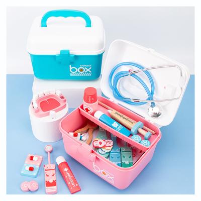 China Eco-friendly Wooden Box Fun Plastic Medicine Box Dental Equipment Kids Dentistry Doctors and Nurses Kit Basic Medical Doctor Set Toys for Children for sale