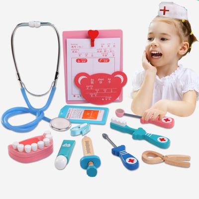 China Eco-friendly Wooden Room Toy Doctor Pretend Play Toy Simulation Medicine Box Baby Game Doctor Nurse Injection Tool Set Material Children for sale