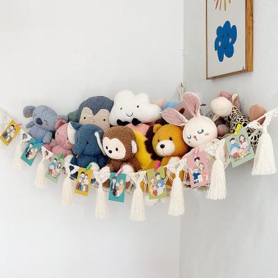 China Macrame Folding Toy Hammock - for stuffed animals and plush toys, soft net storage with wooden photo clips for sale