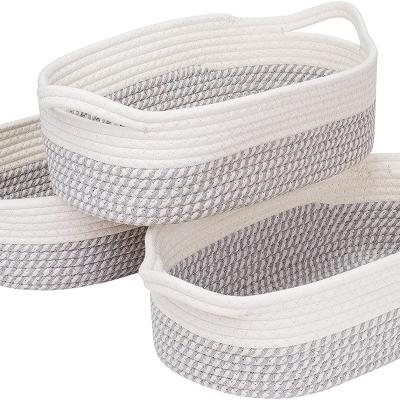 China Folding Oval Woven Basket Set Of 3 Cotton Rope Basket With Handle Storage Baskets For Organizing Bins Organizer For Towel Book for sale