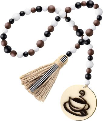 China Coffee bead wooden garland, rustic farmhouse wooden bead garland with tassels and coffee tag YX-WB-0003 for sale