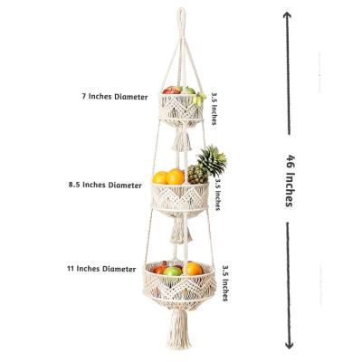 China Boho Folding 3 Tier Macrame Fruit and Vegetable Storage Basket Cotton Rope Woven Wall Hanging Baskets for Indoor Plants Organizing for sale