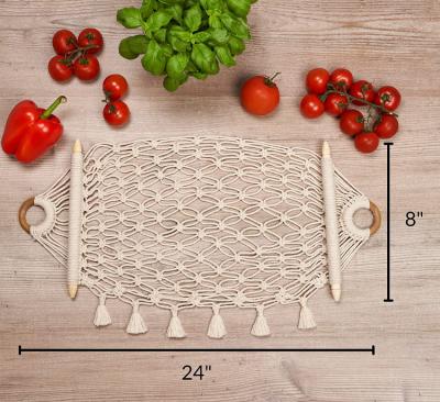 China Natural Handwoven Folding Fruit Hanging Basket with Tassels Macrame Fruit Hammock Under Cabinet Fruit and Veggie Shop Hanging Rack for sale