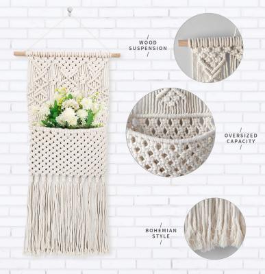 China BOHO Ivory Cotton Woven Pocket Macrame Folding Hanging Magazine Storage Organizer for sale