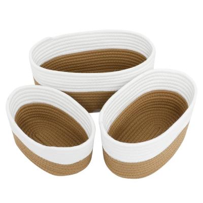 China Decorative Small Round Folding Cotton Rope Storage Baskets Set of 3 with Different Sizes Double-Color Woven Basket for Organization for sale