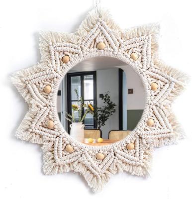 China Macrame Rustic Bohemian Wall Hanging Decorative Mirror for Home Decor Perfect Wall Mounted Mirrors for sale