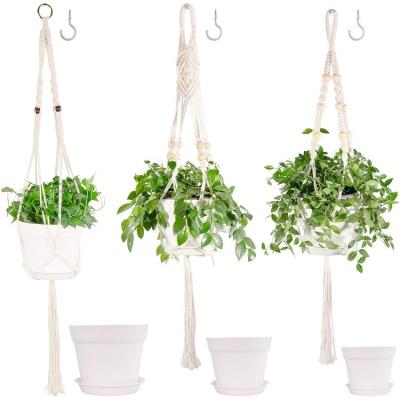 China 3 Pack Rustic Handmade Cotton Macrame Plant Hanger with Decorative Wooden Beads Hanging Flower Pots for Boho Home Indoor Outdoor Decor for sale