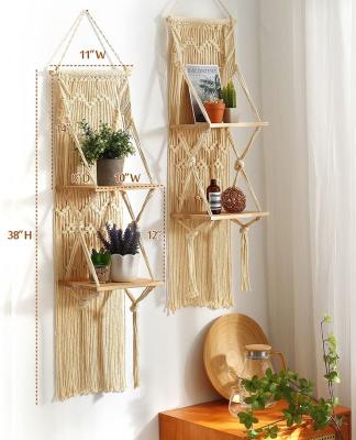 China Boho Shelf-Plant Handmade Decorative Floating Shelf Display Rack Rustic Set of 2 Macrame Shelves to Organize and Decor for sale