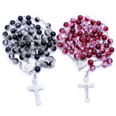 China 8mm Crushed Stone Beads Rosary Religious Catholic Necklace With Medal Miraculous Cross Crucifix Gift Rosario Collar Catholic Scam Forma De for sale