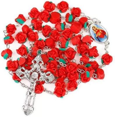 China Other Ladies Beads Pocket Red Rose Garden Rosary Red Rose Garden Rosary Free Velvet Necklace Holy Communion Catholic Gift for sale