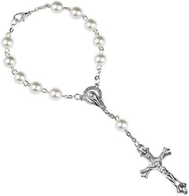 China Baptism of the Cross 12 PC with Angel Fascination Mini Rosary Silver Plated Pearl Bead Cross Rosary Rose Bracelet Accessories for sale