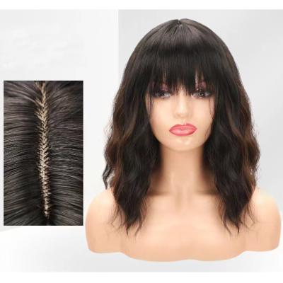 China Wavy Black Brown Middle Part Body Wave Ombre Wigs Synthetic Cosplay Wigs With Bangs For Women Long Hair Wigs for sale