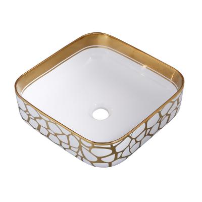 China Easy Clean Sanitary Luxury Bathroom Vanity Hand Wash Basin Gold Plating Ceramic Sink for sale