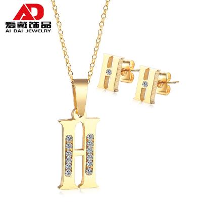 China Rhinestone Crystal 26 Letter Necklace And Earrings Cute Jewelry Set Stainless Steel Jewelry For Women for sale