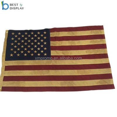 China FLYING Custom Tea Stained USA Flag 100% Cotton Material USA Flag for sale