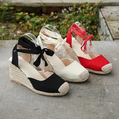 China CUSHIONING Newcomer Cross Tie Narrow Toe Ladies Shoes Jute Piping Wrapped Shoes Sneakers Womens Sandals Women Wedge Sandals 2021 for sale