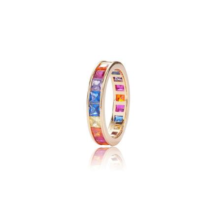 China CLASSIC Rainbow Ring 925 Sterling Silver Baguette Cut Multicolor Eternity Ring Band Ring for Woman Rainbow Sapphire Eternity Band for sale