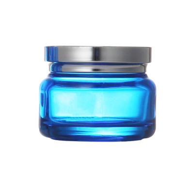 China Brand Cosmetic Elegant Blue Wide Mouth Glass Jar Men Cosmetic Manufacturers for sale