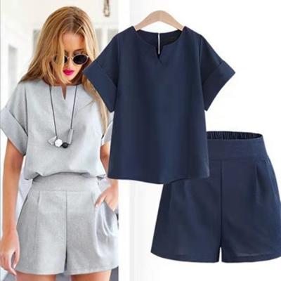 China European-style women's summer QUICK-DRY new big loose and American cotton and canvas short T-shirt and sleeve shorts two sets for sale