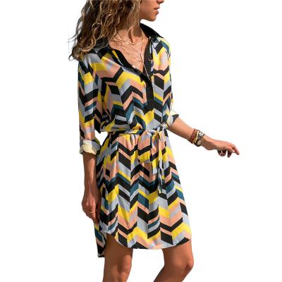 China Anti-Wrinkle Stripe Print Long Sleeve V-Neck Tie Casual Shirt Dress for sale