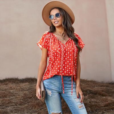 China Anti-wrinkle Red Printed Women's T-shirt Short Sleeve Woman Tops Fashionable Shirts for sale