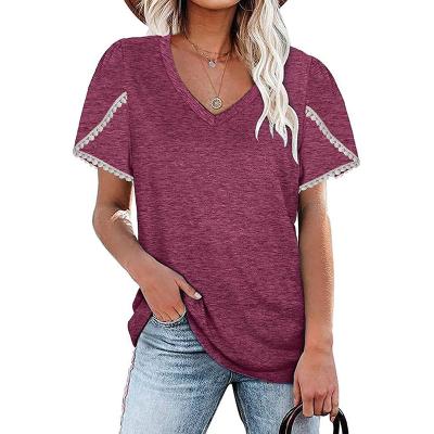 China 2022 Summer New Anti-wrinkle spring lace short-sleeve patchwork T-shirt blouse / V-neckline for women for sale