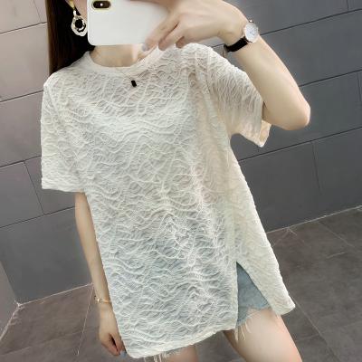 China QUICK DRY short sleeve T-shirt loose diet round collar split top new design women mid length for sale